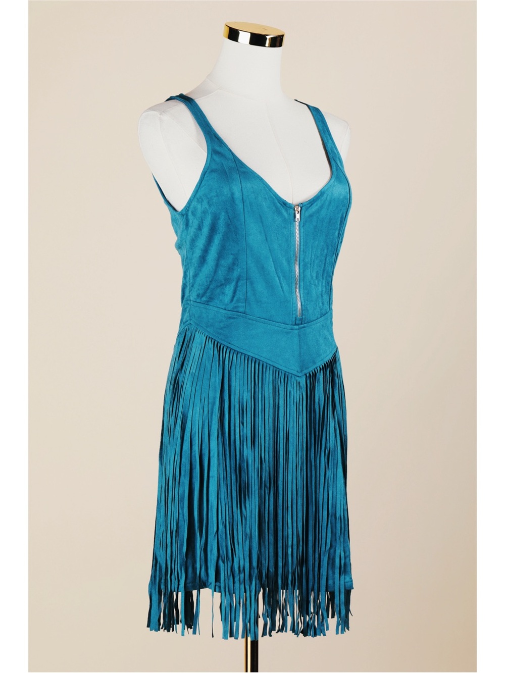 Sz S Oyrosy Teal Western Boho Sleeveless Fringed Faux Suede Mini Dress NWT